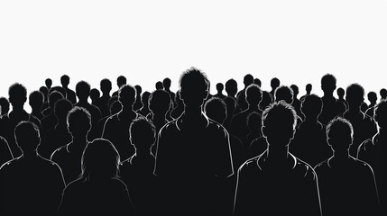 Obraz premium Silhouettes of a large group of people standing together, symbolizing unity, diversity, and community. The figures are shown in black against a white background, creating a striking visual contrast
