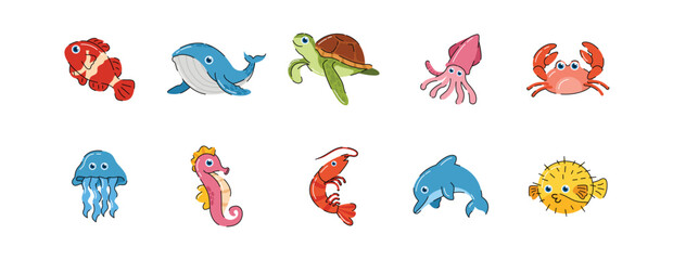 Cartoon Sea Animals Illustration Set, Sea Animals Collection