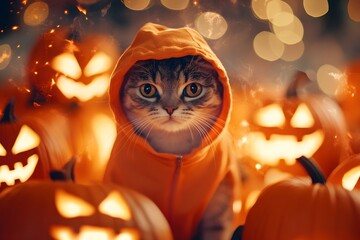 Naklejka premium A cat is wearing an orange hoodie and standing in front of a pile of pumpkins