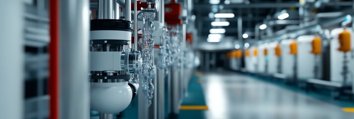 A close-up view of an industrial electrolysis water splitting system for hydrogen production. The system features multiple electrolysis cells, with pipes and valves. The system is designed to produce 