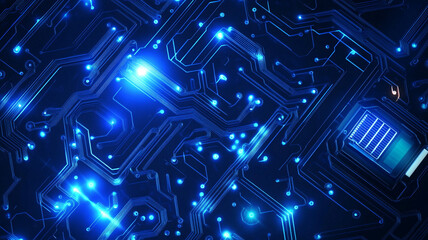Obraz premium Abstract illustration of a circuit board with glowing blue lights and intricate patterns at night