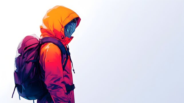 Brightly Colored Parka Concealing a Shapeshifter on Plain Snowy White Background