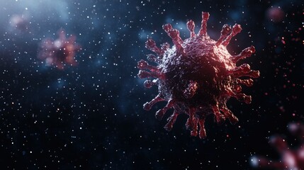 3D virus structure floating in space, with ample copy space.