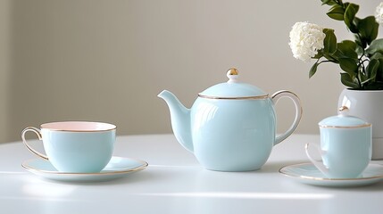 Fototapeta premium A delightful pastel blue tea set with a teapot, cup and saucer, and a small sugar bowl, perfect for a relaxing afternoon tea. The set symbolizes elegance, tranquility, and the enjoyment of a warm beve