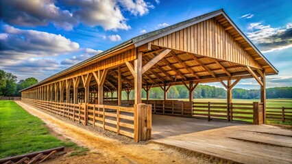 Fototapeta premium Wooden barn stalls with a covered walkway at tilted angle