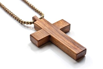 Wooden cross necklace isolated on white background