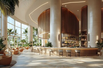 Integrated lobby and bar area in a resort for leisure and business.