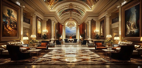 Fototapeta premium Opulent hotel entry with extravagant furnishings and artistic masterpieces.