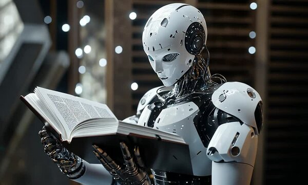 The  robot is reading a book