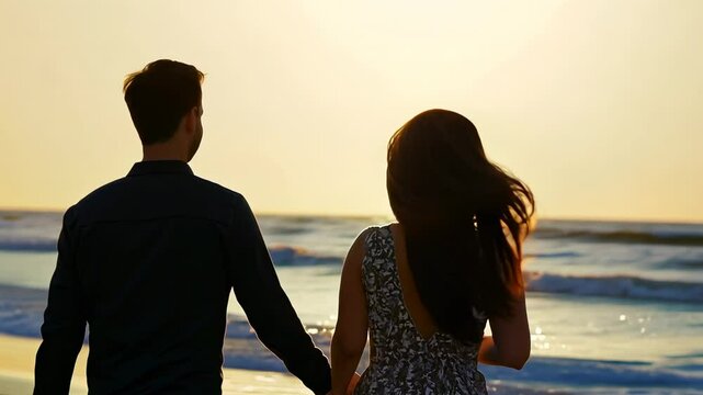 Silhouette of a young couple in love walking on the ocean shore. Amidst the ebb and flow of the waves, a couple's silhouette stands united, their bond weathering the ever-changing tides.