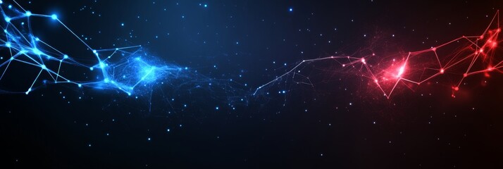 Fototapeta premium A futuristic abstract digital network with red and blue lights connected by lines. This image symbolizes connection, communication, technology, data, and the future.