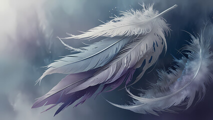 Feather shapes dissolve into fine, swirling mist, blending soft hues of blue, lavender, and silver, creating an airy, dynamic abstract background