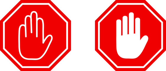 Red octagonal stop sign with hand. No entry stop hand symbol for prohibited activities.