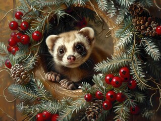 Cute ferret peeking through a festive Christmas wreath adorned with pine cones and red berries.