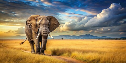 Fototapeta premium Majestic elephant walking through the savannah, wildlife, Africa, nature, tusks, large, powerful, mammal, animal, conservation