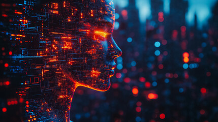 A woman's face is shown in a computer generated image with a city background. The image has a futuristic and technological feel to it, with the woman's face being the main focus