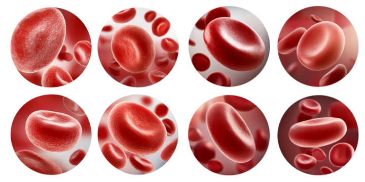 Red blood cells in various positions isolated on transparent background - Powered by Adobe