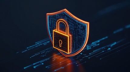 Digital security concept featuring a shield and lock, symbolizing cybersecurity and data protection in a modern technological environment.