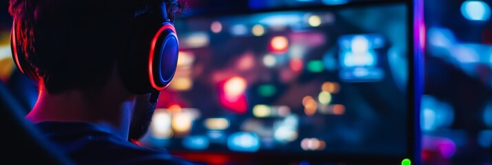 A gamer is engrossed in a video game, wearing headphones to focus on the action on the screen. The focus is on the gamer's back, emphasizing their concentration and immersion in the virtual world.