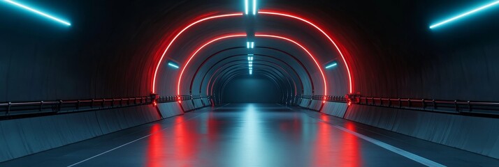 A futuristic tunnel with red and blue neon lights, symbolizing progress, innovation, speed, and the future. The tunnel is empty, creating a sense of mystery and anticipation.