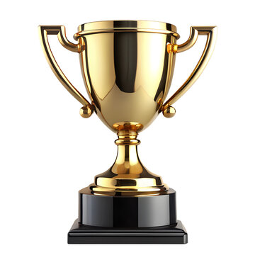 A golden trophy with two handles, standing tall on a black base, set against a transparent background | gold trophy cup