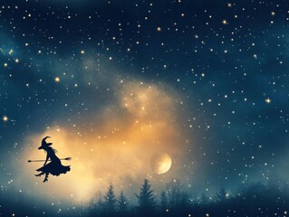 A mystical silhouette of a witch flying through a starry night sky, enchanting moonlight illuminating the dark landscape.