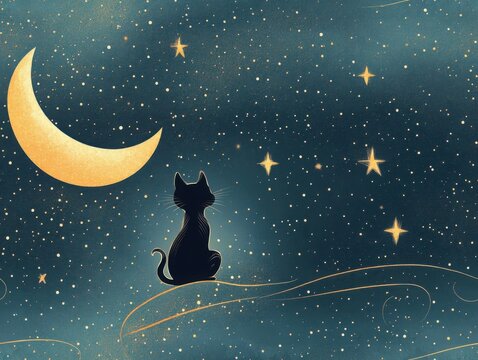 A serene black cat gazes at a starry night sky with a glowing moon, evoking feelings of wonder and tranquility.