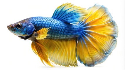 Fototapeta premium Worm's eye view of a yellow and blue betta fish isolated on white background