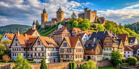Obraz premium Scenic medieval town of B?dingen in Hessen with half-timbered buildings and castle , Germany, Oberhessen