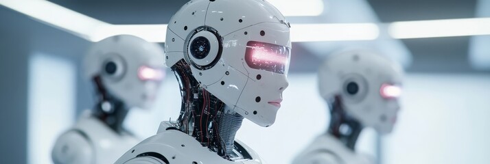 A group of identical AI robots work in a sterile, high-tech office, symbolizing automation, artificial intelligence, future of work, technological advancements, and human-robot collaboration.