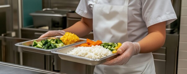 School cafeteria worker serving students, trays filled with healthy options including rice, steamed vegetables, and chicken