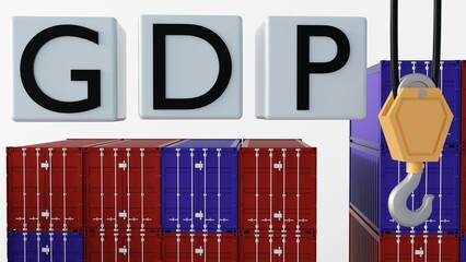 A 3D rendering of cargo containers with cubes labeled 'GDP' stacked on top, indicating a positive trend in economic growth.