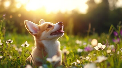 A happy Pembroke Welsh Corgi puppy sits in a field of wildflowers, looking up towards the setting sun. The golden light of the sun illuminates the puppy's fur, creating a warm and inviting atmosphere.