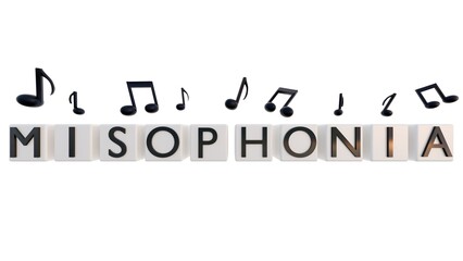 3D rendering of blocks labeled 'MISOPHONIA' People with this condition hate certain sounds and may find specific music notes or sounds really annoying.