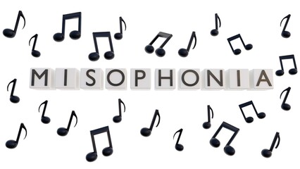 3D rendering of blocks labeled 'MISOPHONIA' People with this condition hate certain sounds and may find specific music notes or sounds really annoying.