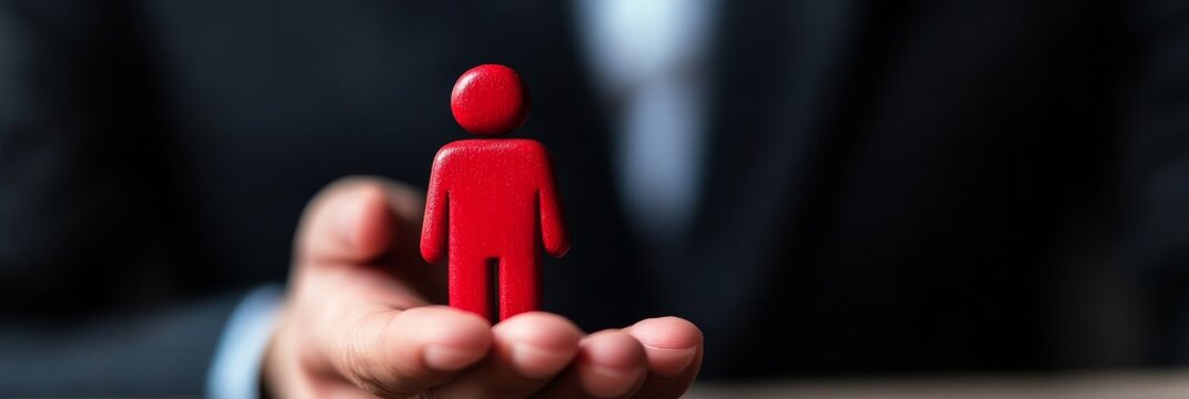 A hand holding a red figure symbolizing the importance of finding the right person for the job. This concept represents human resources, recruitment, hiring, talent acquisition, and employee selection