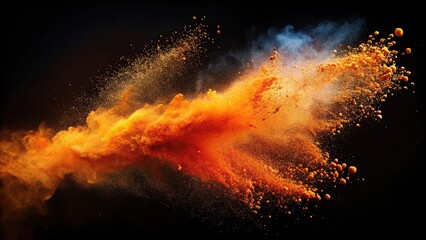 Worm's Eye View of orange particles flying colored powder in the air isolated