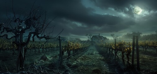 A spooky and eerie vineyard under a full moon, with an old house in the background and a dark, cloudy night sky.
