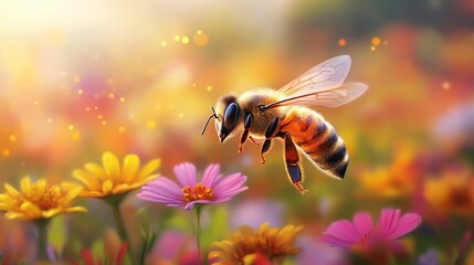 Fototapeta premium A hyperrealistic macro painting of a honey bee in flight, its wings outstretched, as it approaches a vibrant flower. The image captures the intricate details of the bee's anatomy and the beauty of the