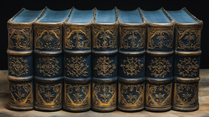 Fototapeta premium A row of books with gold embossing on the spine. The books are lined up in a row and appear to be old