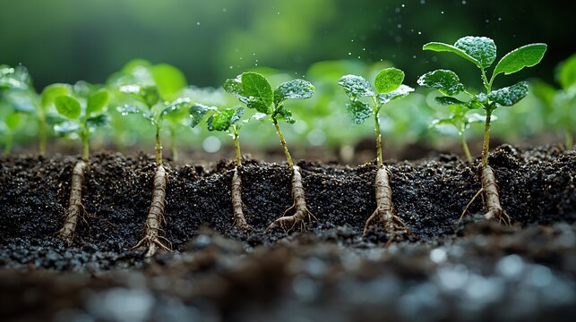 A close-up of plant roots absorbing water and excreting waste into the soil.