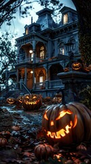 Obraz premium Haunted house with glowing jack-o'-lanterns and eerie atmosphere, perfect for Halloween decorations and spooky themes.