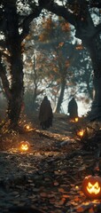 Mystical forest path at dusk with glowing jack-o'-lanterns and shadowy figures in cloaks, creating an eerie Halloween atmosphere.