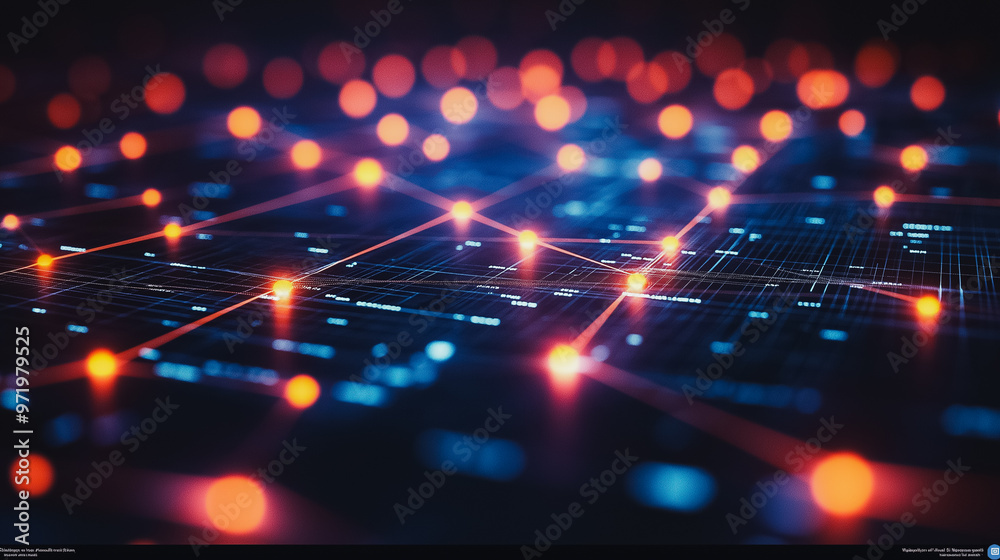 Poster a computer screen with a lot of glowing dots. the dots are in different colors and sizes. the image 