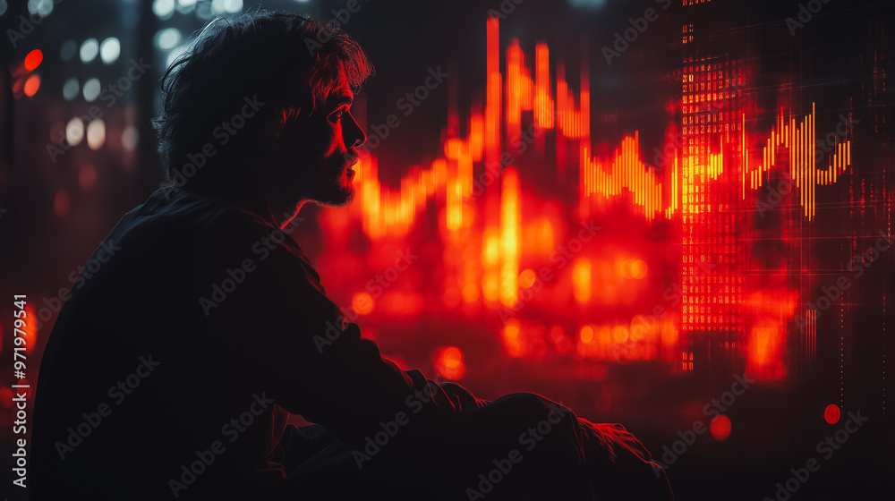 Poster a man is sitting in a dark room looking at a computer screen with red lines. the man is focused on t