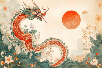 Obraz premium A vibrant illustration of a dragon amidst waves and clouds, with a red sun in the background.