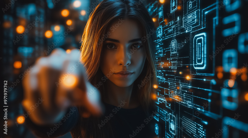 Poster a woman pointing at a computer screen with a lot of numbers and symbols. concept of technology and t