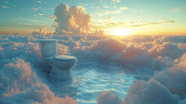 An animated toilet in a surreal setting, perhaps floating in the clouds.