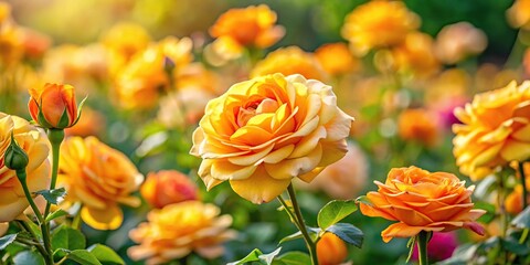 Yellow and orange rose in the garden with selective focus