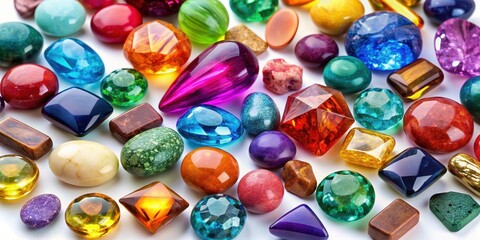 A collection of vibrant gemstones in assorted shapes and colors, collection, shiny, vibrant, gemstones, cuts, colors